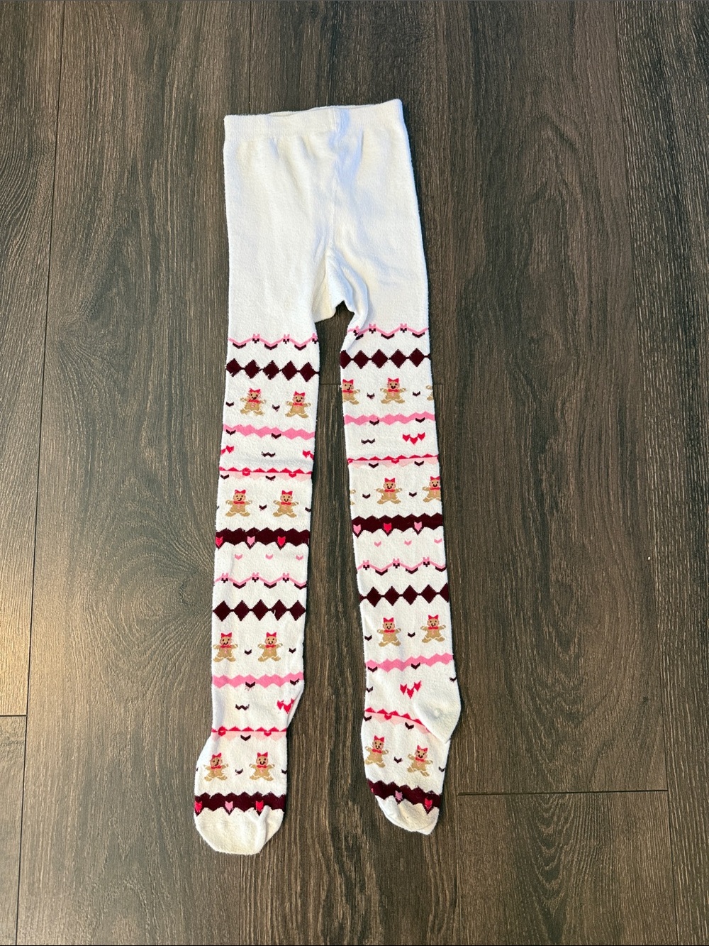 Gymboree White Tights with Pink and Burgundy Gingerbread Pattern, Size 6-8
